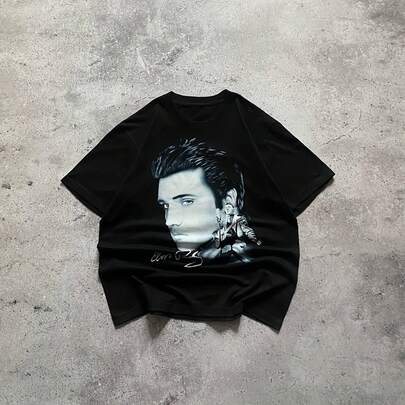 Vintage  Presley Portrait Photo Double Sided King Of Rock And Roll Tee220g M-en's Cotton T-Shirt - ID-eal for Wearing Under a SweaT-ShirT-Suitable for all people, whether woM-en or M-enhigh-quality durable fabric suitable for all seans,ft to the touch but built to lastBreathabletops woM.en fall outfiT.S for woM.en vaC.Ation outfiT.S woM.en halloween costume