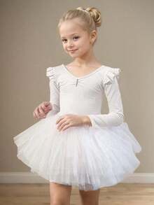 Young Girl Rhinestone Decor Long Sleeve Backless Ballet Tulle Puff Skirt Leotard Dance Costume - 白色 - 查看 3