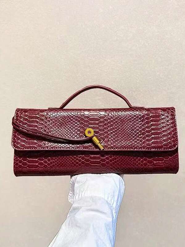 حقيبة كلاتش بنمط جلد الثعبان البرغندي الأنيق، تصميم إبزيم معدني عصري، حقيبة يد أنيقة للحفلات، حقيبة مربعة بمقبض علوي، حقيبة كتف متقاطعة