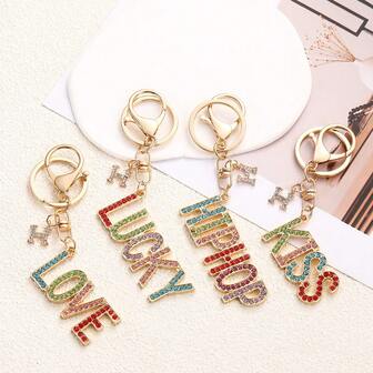 Colorful Letter Keychain With Rhinestones, KISS LOVE LUCKY Keychain Pendant For Bags