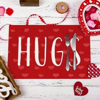 1/4/6pcs Valentine's Day Theme White "HUGS" Text And Light Red Heart Pattern Printed Decorative Placemats, Table Mats For Party, Kitchen, Dining, 100% Linen Printed Placemats/Coffee Cup Coasters, Hand Washable - Ideal For Dining Tables, Restaurants, Birthday & Party Decorations, Home Decoration