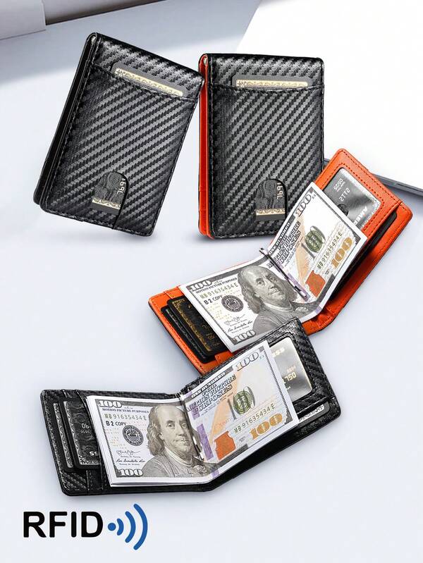 RFID Carbon Fiber/Flat Weave Men's Wallet, Multi-Card Slot Bill Clip Design, Fashion Business Portable Wallet, Card Holder