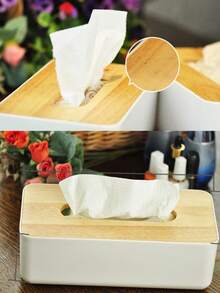 Caja de pañuelos rectangular de plástico moderno con tapa de madera natural, caja de almacenamiento creativa para el hogar y la oficina - Multicolor - Ver 8