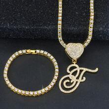 1 Set Women's Elegant Heart & Letter Pendant Necklace With Single Row Rhinestones, Matching Single Row Rhinestone Bracelet, Suitable For Daily Wear, Parties And Events, Versatile Jewelry Set - Fashionable Heart Letter Pendant Necklace - View 17