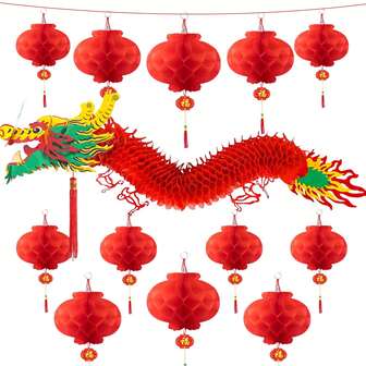 3D Chinese New Year Decorations 2026, Chinese Dragon Decoration With 1 Dragon And 12 Red Plastic Lanterns For Spring Festival Party Decorations