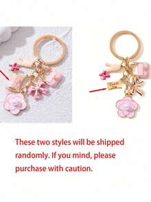 1pc Cute Round Metal Love Theme Keychain With Golden Bow, Pink High Heel, And Camellia Flower Decor, Perfect Wedding Holiday Gift Or Ideal Accessory For Women Handbag, Keychain, Unique Phone Charm - Multicolor - View 7