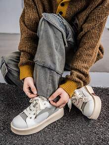 1 Pair Men's Casual Low-Top Canvas Sneakers, Comfortable Soft Thick Sole, Simple Campus Style - White - View 3