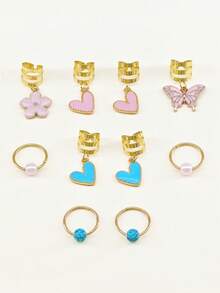 10个粉色和蓝色爱心、蝴蝶、花朵Y2K风格发圈，适合编发，送给女孩和女士的礼物，非常适合舞会、派对、音乐节等场合。