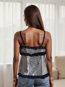 Women's Summer Sequin Front Tie Ruffled Trim Tank Tops  Soft Cami For Party  Date - Black - View 5