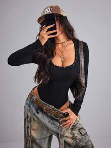 Ropa de invierno para mujer Ella Vee, body de cuello cuadrado para mujer; body forrado de forro polar con estrellas; body de punto elástico; ropa de invierno sexy y de moda; body para fiesta y vacaciones; conjunto para cita nocturna, body/body negro para mujer