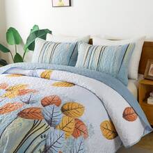 3Pcs Sky Blue Leaf Queen King Double Bedspread Coverlet Bedding Sets (1 Quilt + 2 Pillow Cases), Fashion Leaf Design, Fresh & Minimalist, Comfortable Soft Breathable, Suitable For Wedding Items, Valentines Day Home Bed Room Decor, Mothers Day Gift, All Season - Sky Blue01 - 查看 4