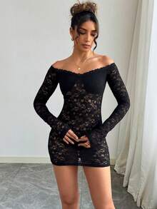 Vestido mini de encaje negro para mujer, estilo sexy de discoteca, vestido de manga larga transparente y sexy, atuendo de fiesta para mujer estilo Y2K