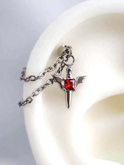 1PC Red Zirconia Wing Chain Piercing Earring For Women Men Gothic Silver Color Rivet Ear Bone Nail Earring Y2K Jewelry