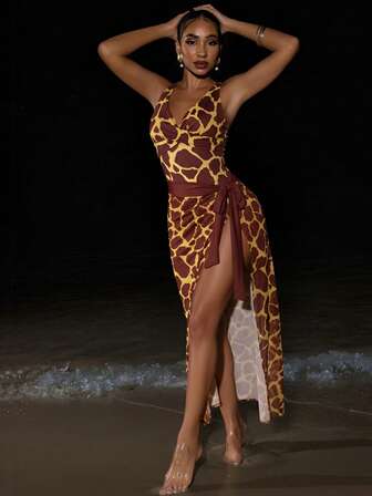 Conjunto de 2 piezas de traje de baño de una sola pieza con estampado de jirafa, estilo bohemio para playa y vacaciones, incluye bikini y falda pareo