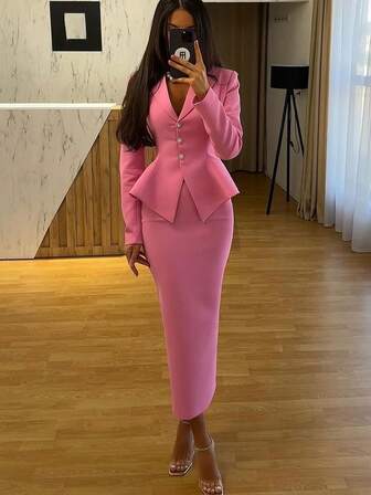 2pcs/Set Elegant Business Formal Suit Blazer + Slit Hem Skirt Outfit