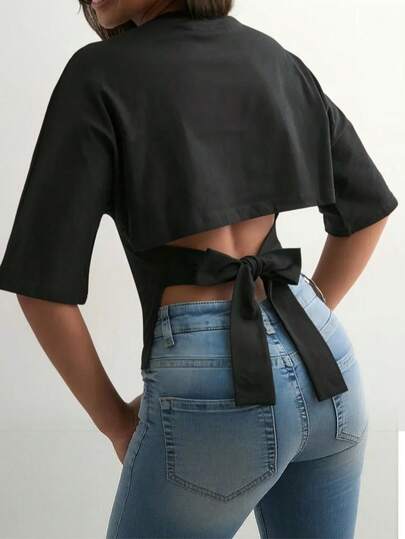 Women's Black Short Sleeve Round Neck Tie-Back Regular Length T-Shirt, Slightly Stretchy