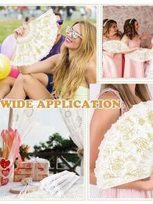 40pcs/20pcs/4pcs Elegant Vintage Rose Lace Floral Hand Fans, Vintage Style White Rose Folding Hand Fans, Includes 5pcs Fans, 5pcs Thank You Cards, 5pcs Tassels And 5pcs Organza Bags, White And Gold Floral Pattern, With Tassels, Suitable For Weddings, Bridal Showers, Parties And Church Decorations, Balls And Party Props, Church Wedding Decor