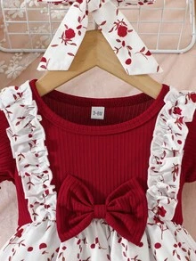 女婴可爱蝴蝶印花短袖连衣裙，夏季 - 紅色 - 查看 3