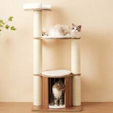 XXL Cat Tree With Trunk 135cm - Stable Climbing Tree, 3-Level Platform, 1 Cat House, 12cm Thick Trunk, Removable Cushion And Rock, Waterproof And Weatherproof - White - View 1