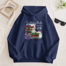 Printed  Hoodie | "So Many Books, So Little Time" Vintage - Navy Blue - View 2