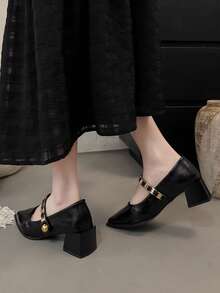 Black Versatile Color Block Pointed Toe Chunky Heel Pumps, New 2025 Korean Version Metal Buckle Mid-Heel Mary Jane Shoes For Women - Black - View 8