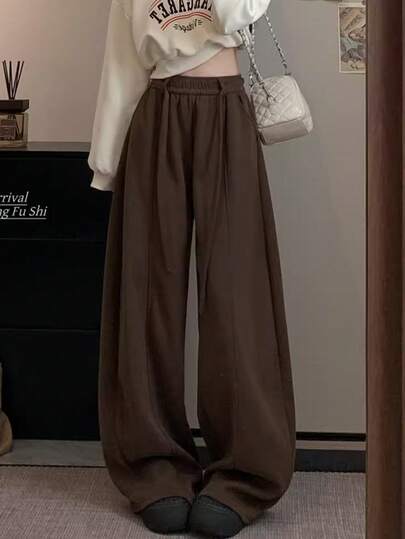 Vintage Casual Sweatpants For Women, New Autumn High-End Elastic Waist Loose Straight Leg Long Pants