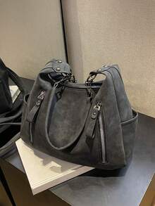 时尚新款大容量女包，百搭复古斜挎包，质感单肩通勤托特包，简约磨砂腋下包，小众大学生单肩包，时尚个性，漂亮单肩包 - 黑色 - 查看 8