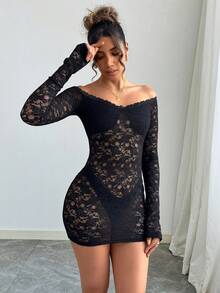 Vestido mini de encaje negro para mujer, estilo sexy de discoteca, vestido de manga larga transparente y sexy, atuendo de fiesta para mujer estilo Y2K