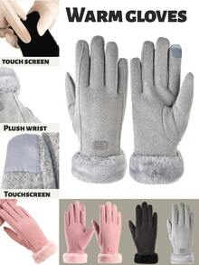 1 双女士冬季全指手套，保暖隔热内衬触屏手套，适合驾驶、骑行、户外活动，纯色