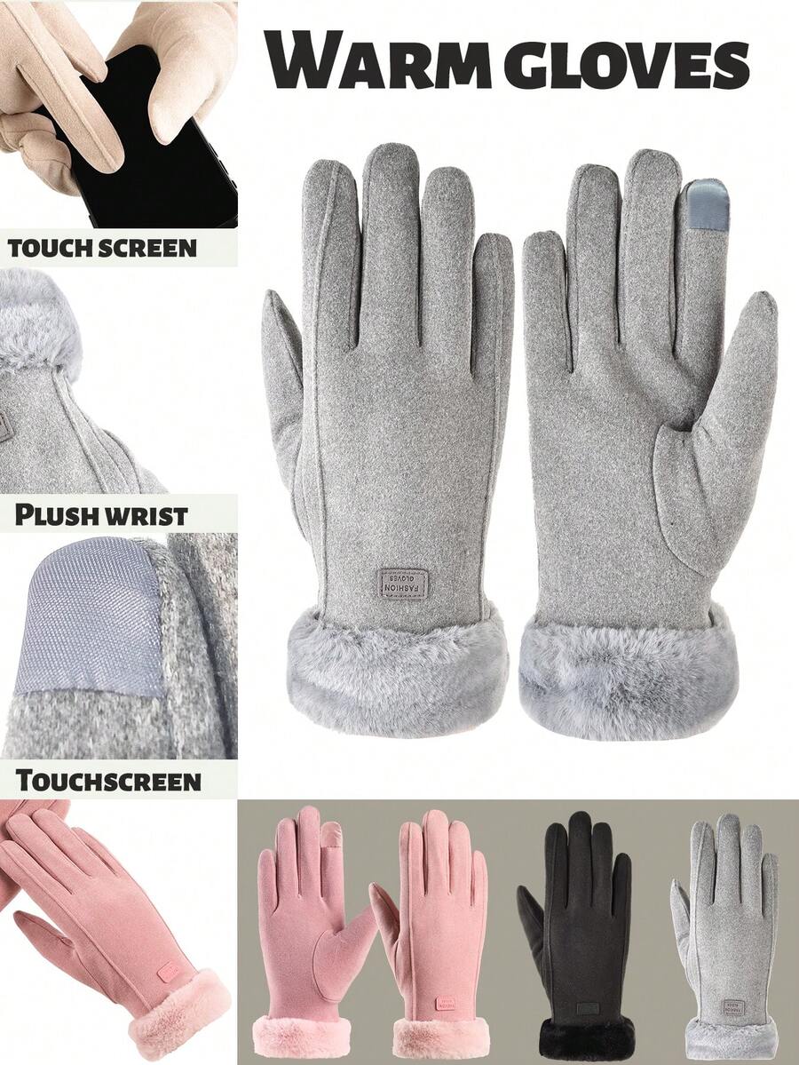 1 双女士冬季全指手套，保暖隔热内衬触屏手套，适合驾驶、骑行、户外活动，纯色