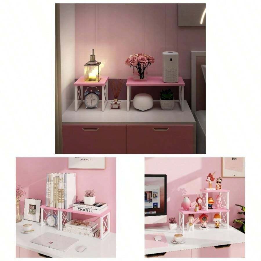Wood Desktop Shelf, Freestanding Small Bookshelf Dorm Supplies Organizers, 2 Tier Stackable Desk Stand, Adjustable Storage Organizer, Kitchen Counter Display Rack, White - Pink - View 1