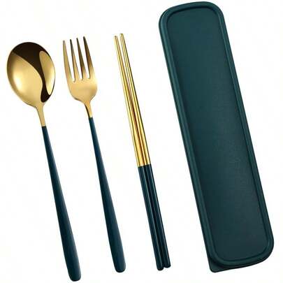 A Set Of Stainless Steel Portable Tableware - Reusable Utensil Set, Stainless Steel Portable Tableware Set With Storage Case - Includes Fork, Spoon And Knife - Ideal For Travel And Camping