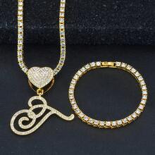 1 Set Women's Elegant Heart & Letter Pendant Necklace With Single Row Rhinestones, Matching Single Row Rhinestone Bracelet, Suitable For Daily Wear, Parties And Events, Versatile Jewelry Set - Fashionable Heart Letter Pendant Necklace - View 45
