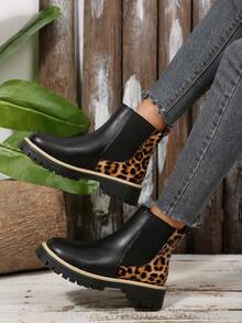 女士黑色粗跟时尚舒适切尔西踝靴，弹性PU皮革休闲踝靴，升级工艺设计，提升足部舒适度，豹纹撞色时尚设计，彰显优雅知性之美，经典百搭，秋冬季必备黑色踝靴 - 黑色 - 查看 4