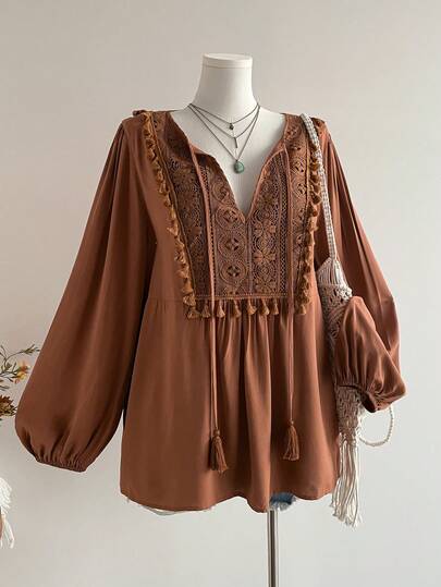 Rusttydustty Autumn/Winter Bohemian Lace Patchwork Fringe Trim Brown Long Sleeve Top, Casual Elegant Retro Blouse