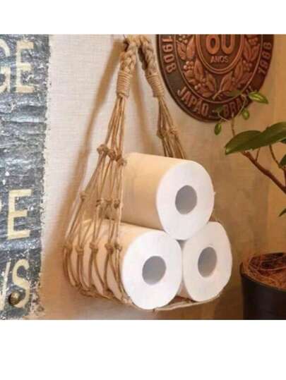 1 pieza Soporte de papel higiénico de macramé, organizador de rollo de tejido independiente, accesorio de baño sobre el tanque, estante versátil para toallas de cocina
