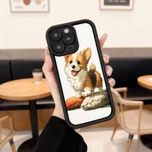 Cubierta de teléfono con borde negro diseño de perro corgi feliz para iPhone 14 Pro Max protector de pantalla con estampado de mascota ideal para amantes de los animales y uso diario en cafeterías y oficinas Aplicable a los teléfonos de la serie Apple y Galaxy - Negro - Ver 2