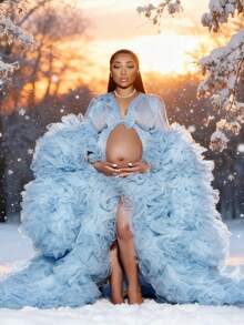 1 Piece  Maternity Dresses  Pregnant Gown For Photoshoot  Christmas    Sexy    Mesh Fabric    Ruffle Hem    Wedding    Kimono  Women Dresses  With Belt Tie  Relax Fit  Oversized - Màu xanh lam - Xem 1