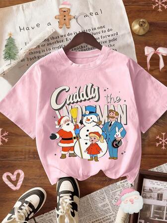 Weihnachts-Schneemann-Muster Wintermantel für Frauen, Damen Winterbekleidung, Damen Lässig Crew Neck Kurzarm T-Shirt