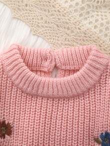Newborn Knitted Cute Floral Embroidered Bodysuit - وردي - مشاهدة 3