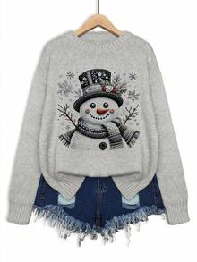 Round Neck Christmas Print Relaxed Casual Knit Pullover Top,Autumn Women,Women's Winter Sweater,Christmas Clothes - Grey - View 3