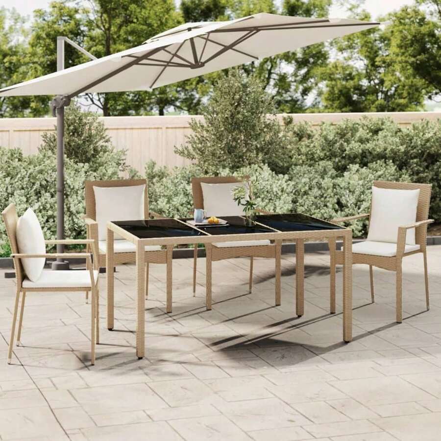 vidaXL Gartentisch mit Glasplatte, beige Polyrattan & Hartglas - Beige - Übersicht 1