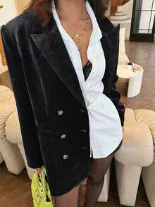 Blazer de veludo retrô oversized de botões duplos em tecido de malha sólida, adequado para uso diário e viagens, outono/inverno primavera, na cor preta - Preto - Visão 6