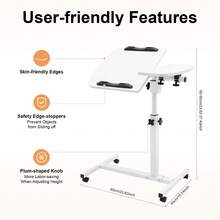 kangten Office/Home Durable Rolling Laptop Table Mobile Computer Desk Stand Adjustable Height UK - White - View 2