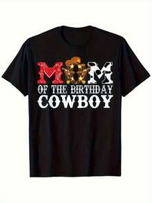 Mother'S 1St Birthday Denim Western Equestrian Party Matching T-Shirt, Men'S Casual Cotton Crew Neck T-Shirt, Four Seasons Daily Wear, Slightly Elastic, 180G, Black, Size S-XXXL, Plus Size - 黑色 - 查看 6