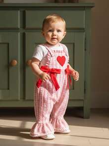 Baby Girl Overalls Sleeveless Heart Embroidery Jumpsuit Flare Suspender Pants Valentines Day Outfit - 橘色 - 查看 5