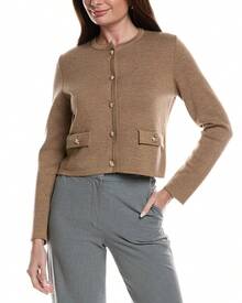 Bruno Magli Merino Wool Cropped Crewneck Jacket - Tan - 查看 2