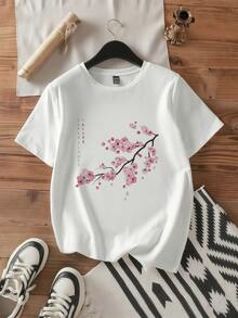 Vintage Sakura Japanese Cherry Blossom Flower Graphical Art T-Shirt - 白色 - 查看 2