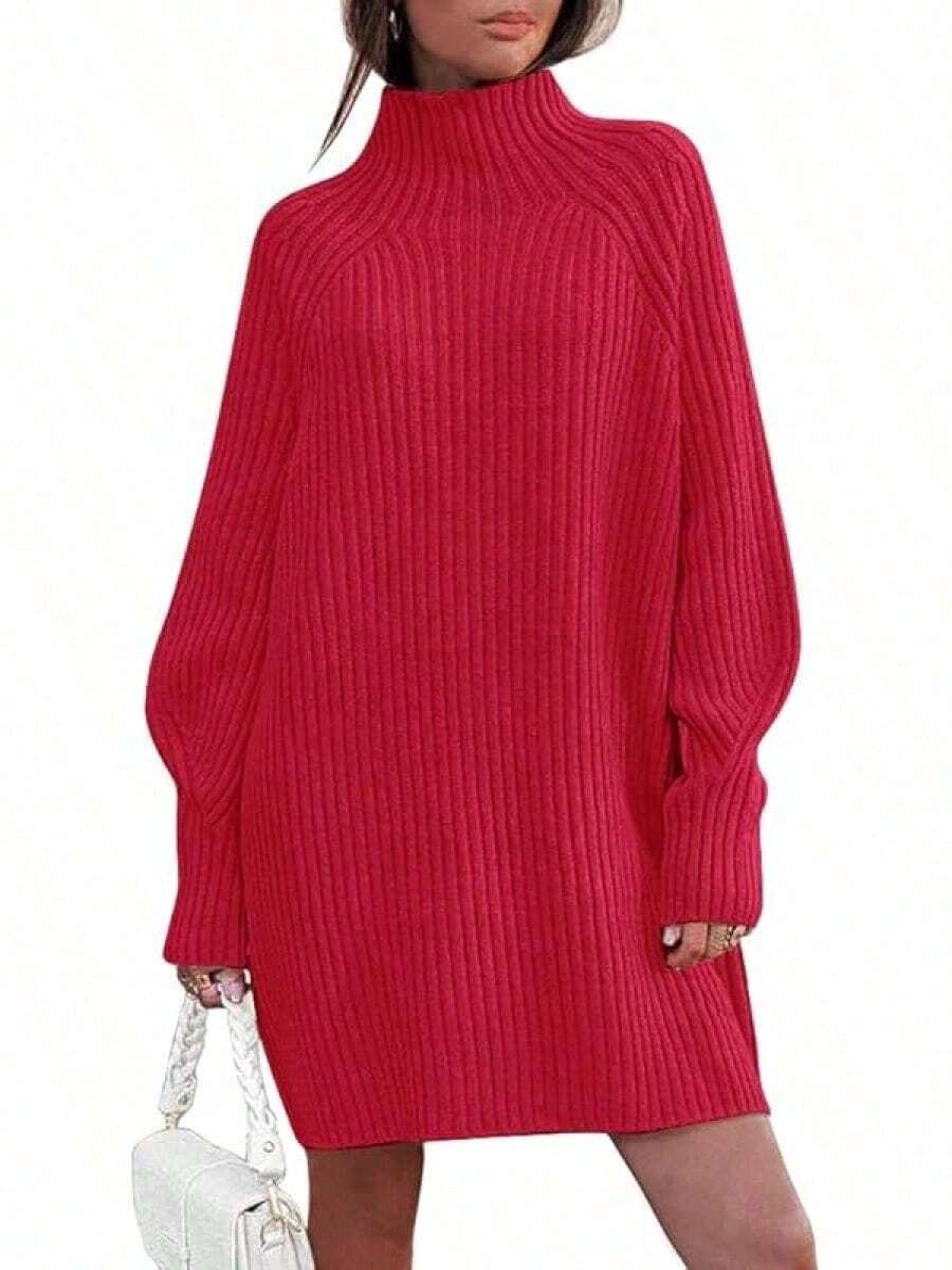 2026 Women's Casual Knit Dress Sweater Dresses For Women Fall Fashion Mock Neck Long Lantern Sleeve Oversized Outfits Knit Tops Clothes , Bodycon Long Sleeve For Sports Outdoor Wear, Loose Fit Long Sleeve Comfy Daily Outfits For Women - 紅色 - 查看 1