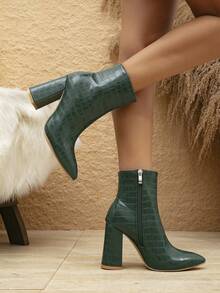 女士时尚新款靴子，军绿色鳄鱼纹PU皮革，简约性感百搭，通勤、办公、派对皆宜，侧拉链超高粗跟尖头踝靴，机车靴 - 軍綠色 - 查看 4